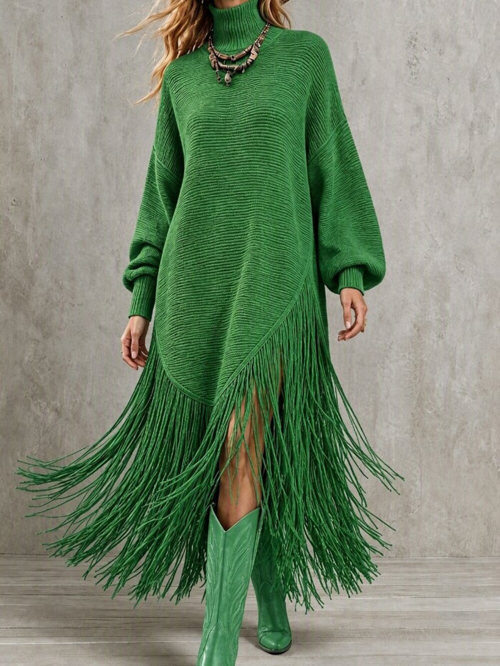 Green Casual Women's Textured Fringe Hem Oversized Knit Dress